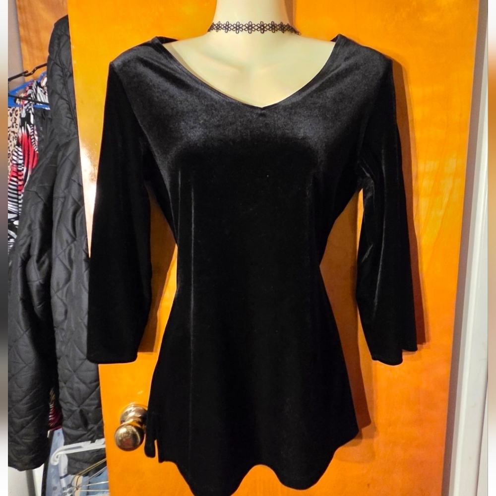Whimsigoth Black Velour Women's Top Sequin Embellished Sleeves